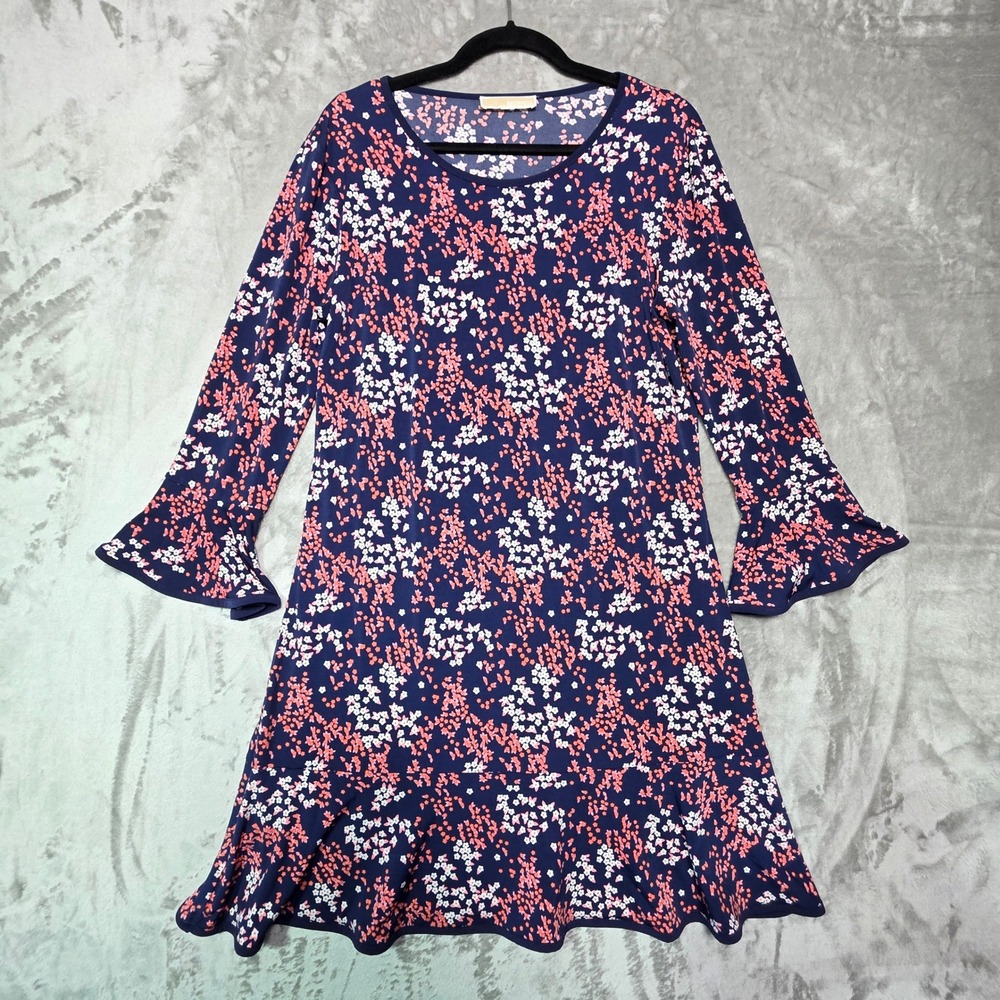Michael Kors Navy Blue Pink Floral Ruffle Hem Bell Sleeve Shift Dress Large